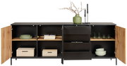 XL-Sideboard mit offenen Türen und Schubladen, gefüllt mit Geschirr und Dekorationen, aus der Frontperspektive.