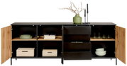 XL-dressoir met open deuren en lades, gevuld met serviesgoed en decoraties, gezien vanaf de voorkant.