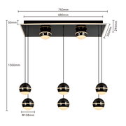 Moderne LED-Pendelleuchte mit sechs kugelförmigen Lampen, hängend an einem rechteckigen Deckenpanel. Ansicht von unten mit Maßangaben.