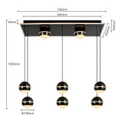 Moderne LED-Pendelleuchte mit sechs kugelförmigen Lampen, hängend an einem rechteckigen Deckenpanel. Ansicht von unten mit Maßangaben.