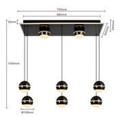 Moderne LED-Pendelleuchte mit sechs kugelförmigen Lampen, hängend an einem rechteckigen Deckenpanel. Ansicht von unten mit Maßangaben.