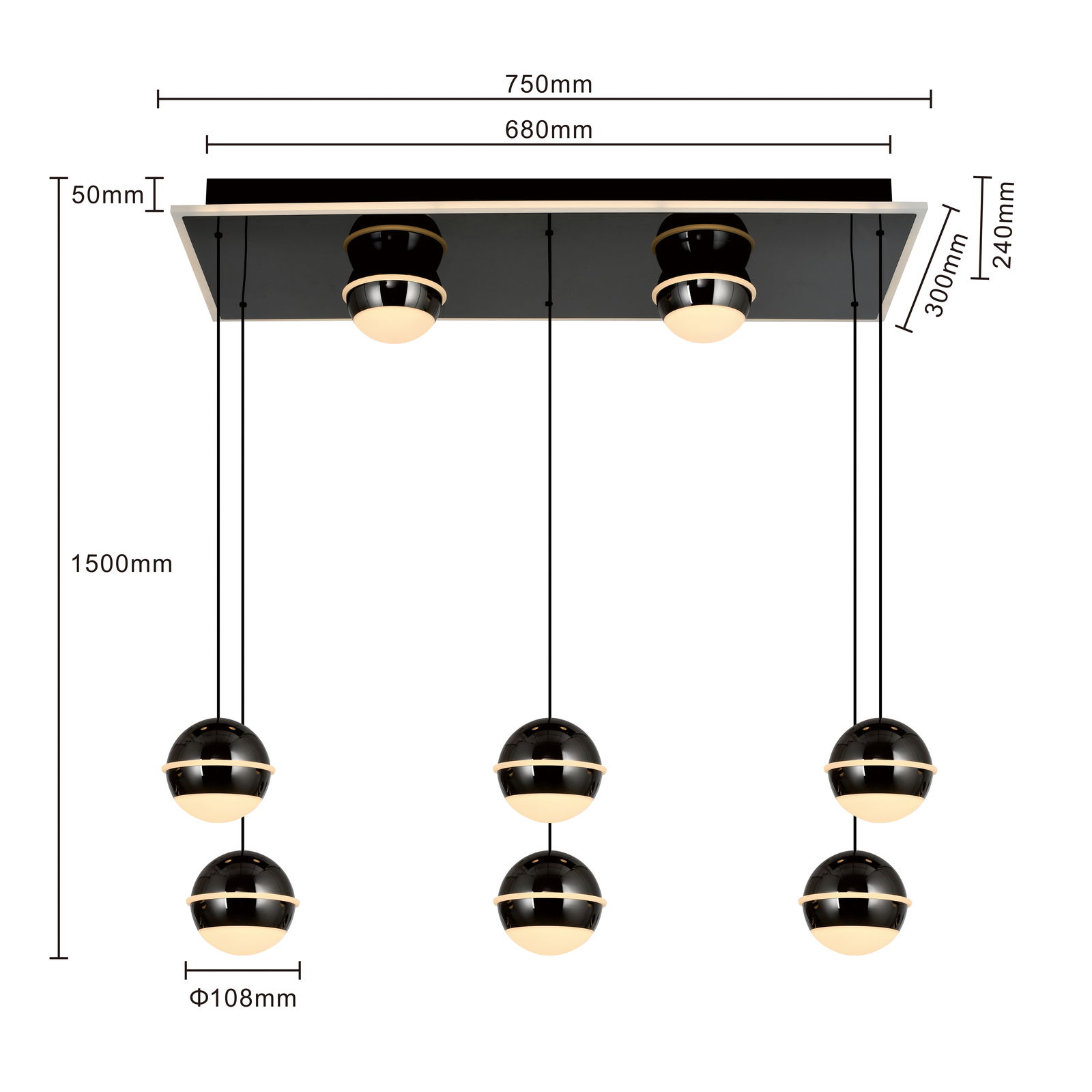 Moderne LED-Pendelleuchte mit sechs kugelförmigen Lampen, hängend an einem rechteckigen Deckenpanel. Ansicht von unten mit Maßangaben.