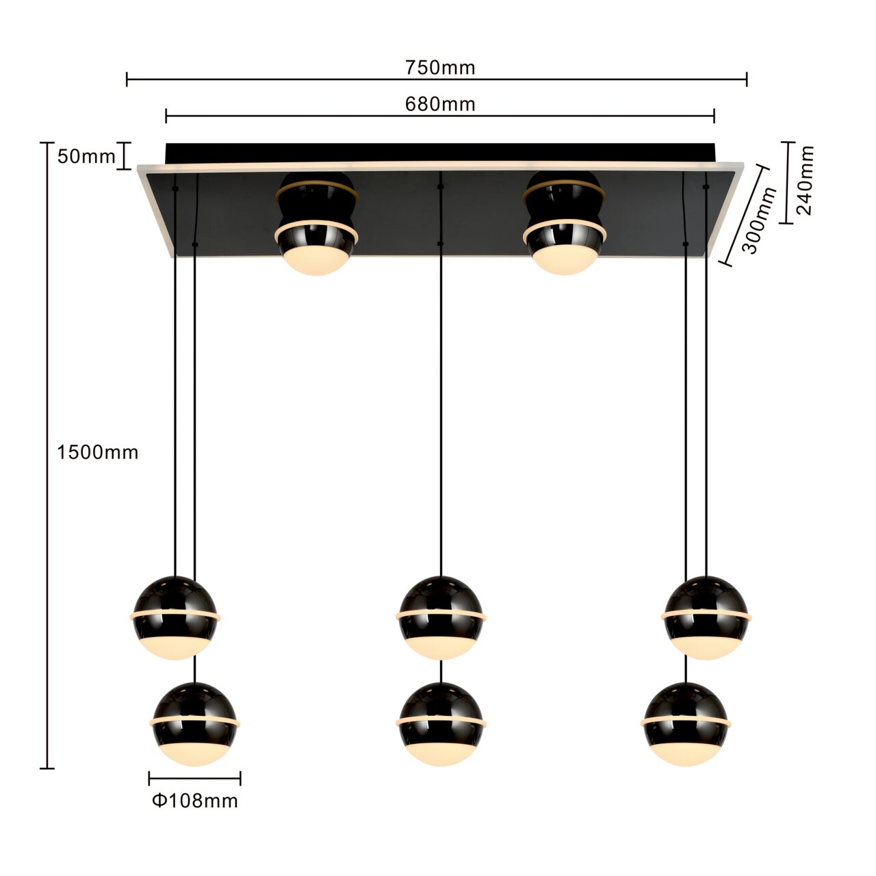 Moderne LED-hanglamp met zes bolvormige lampen, opgehangen aan een rechthoekig plafondpaneel. Aanzicht van onderaf met afmetingen.