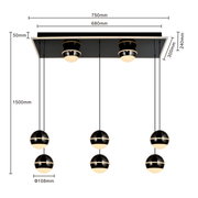Moderne LED-hanglamp met zes bolvormige lampen, opgehangen aan een rechthoekig plafondpaneel. Aanzicht van onderaf met afmetingen.