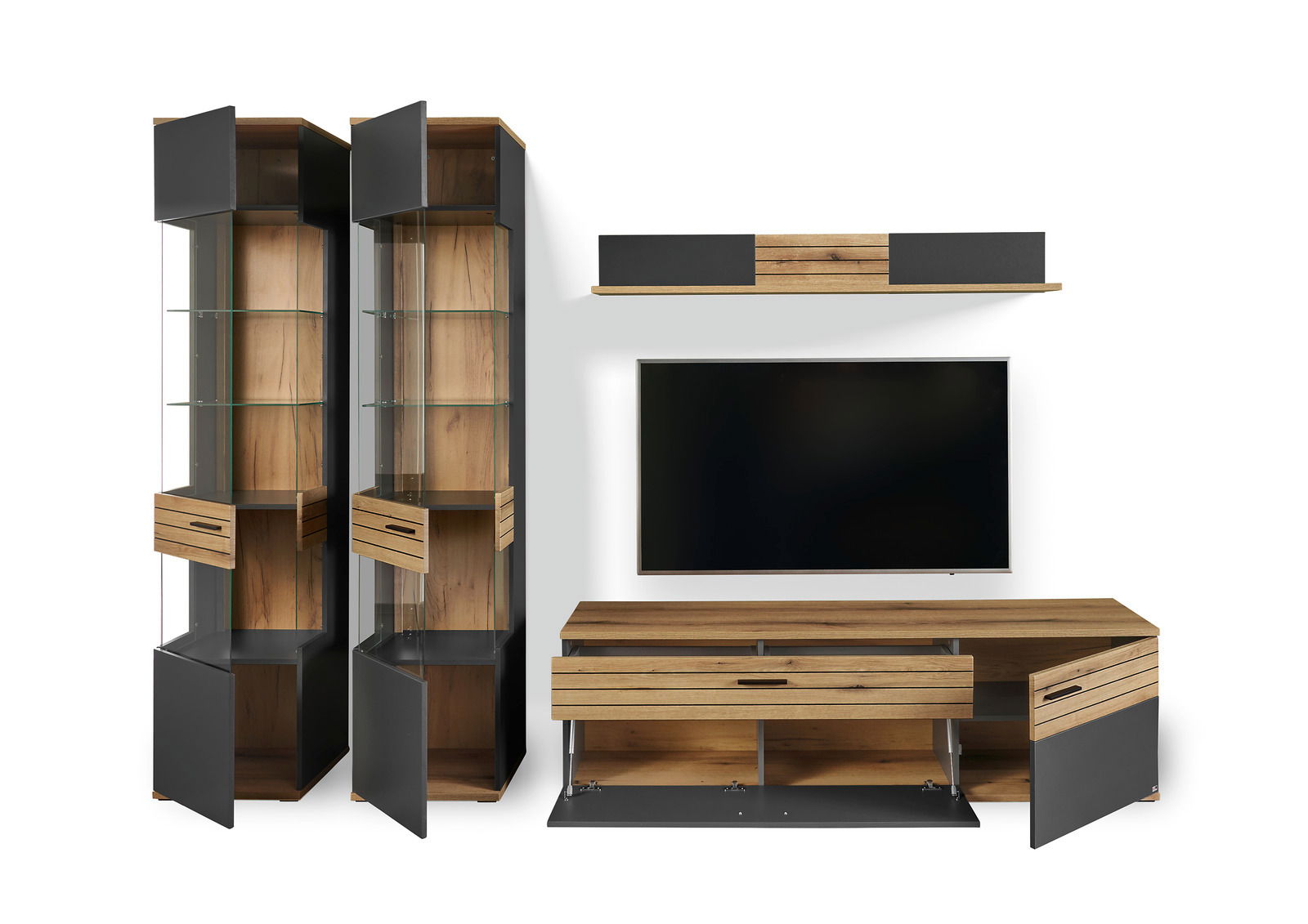 Modernes TV-Lowboard-Set in Holzoptik mit schwarzen Akzenten, bestehend aus zwei hohen Vitrinen, einem TV-Lowboard und einem Wandregal. Frontalansicht.