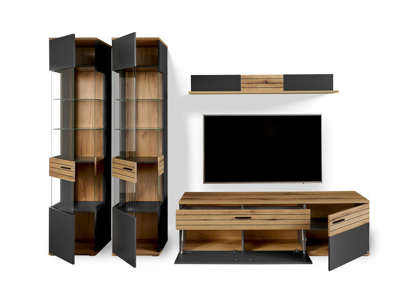 Modernes TV-Lowboard-Set in Holzoptik mit schwarzen Akzenten, bestehend aus zwei hohen Vitrinen, einem TV-Lowboard und einem Wandregal. Frontalansicht.