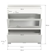 Weißer Schuhschrank mit drei Klappfächern, frontal abgebildet, mit detaillierten Maßangaben.