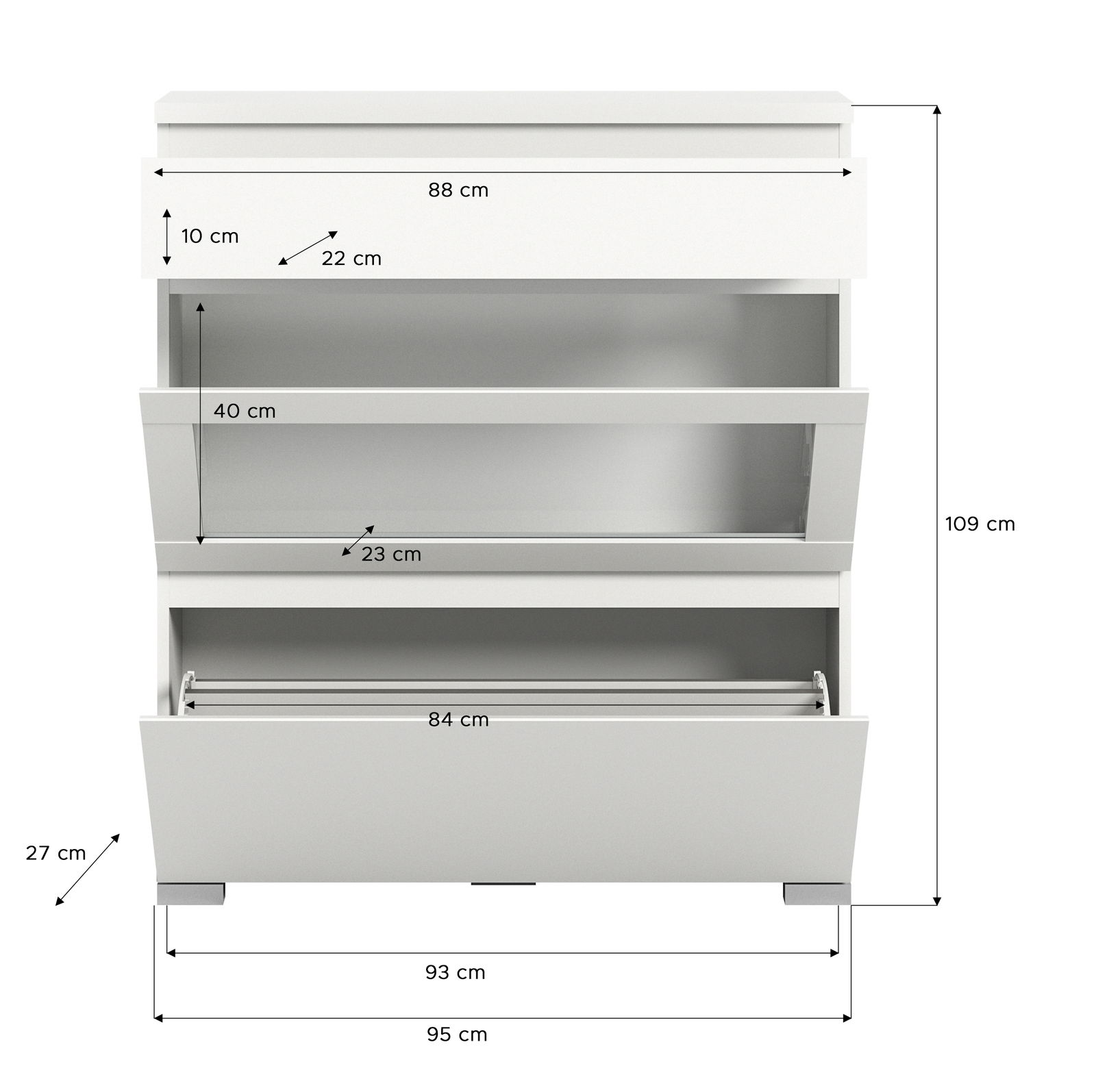 Weißer Schuhschrank mit drei Klappfächern, frontal abgebildet, mit detaillierten Maßangaben.