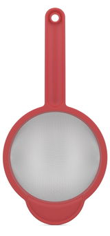 Rotes Küchensieb mit feinem Netz und langem Griff, Ansicht von oben