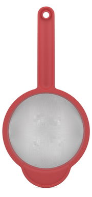 Rotes Küchensieb mit feinem Netz und langem Griff, Ansicht von oben