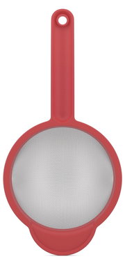 Rotes Küchensieb mit feinem Netz und langem Griff, Ansicht von oben