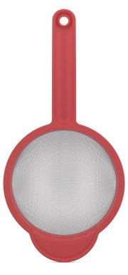 Rotes Küchensieb mit feinem Netz und langem Griff, Ansicht von oben