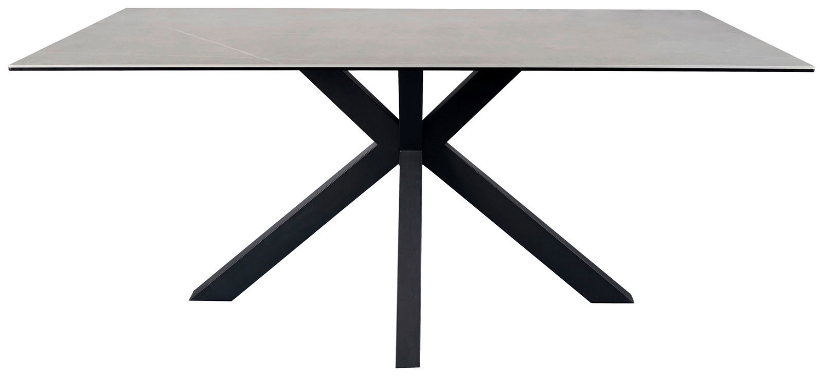 Moderner Esstisch mit X-förmigem Metallgestell und rechteckiger Tischplatte, seitliche Perspektive