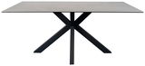 Moderner Esstisch mit X-förmigem Metallgestell und rechteckiger Tischplatte, seitliche Perspektive