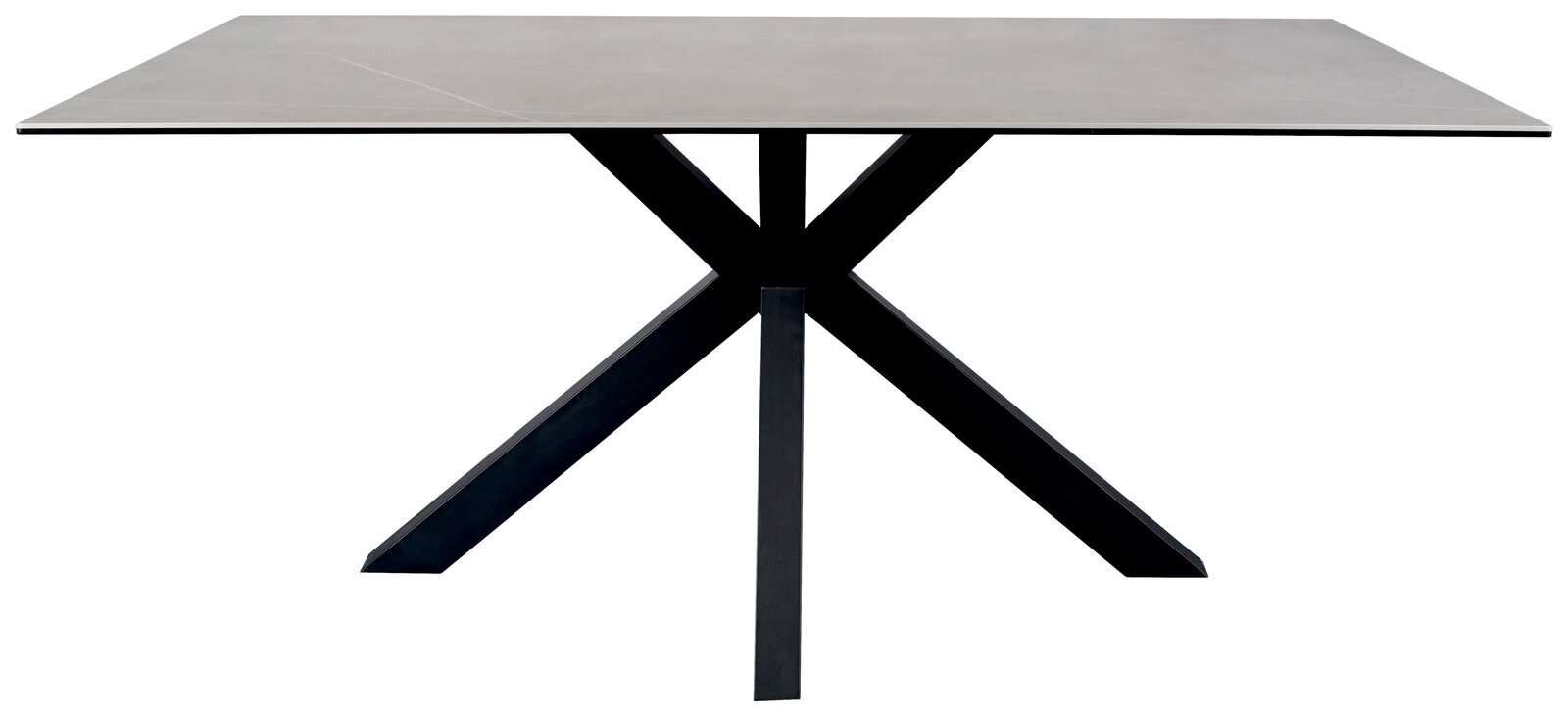 Moderner Esstisch mit X-förmigem Metallgestell und rechteckiger Tischplatte, seitliche Perspektive