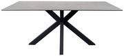 Moderner Esstisch mit X-förmigem Metallgestell und rechteckiger Tischplatte, seitliche Perspektive
