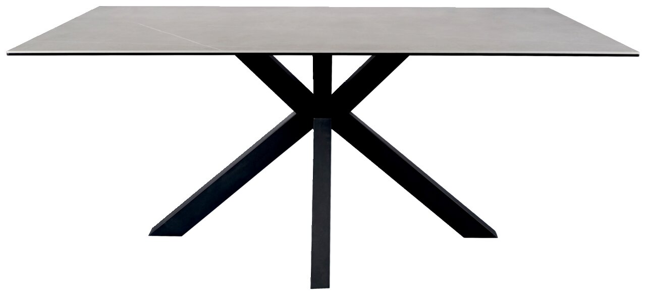 Moderne eettafel met een X-vormig metalen onderstel en een rechthoekig tafelblad, zijaanzicht