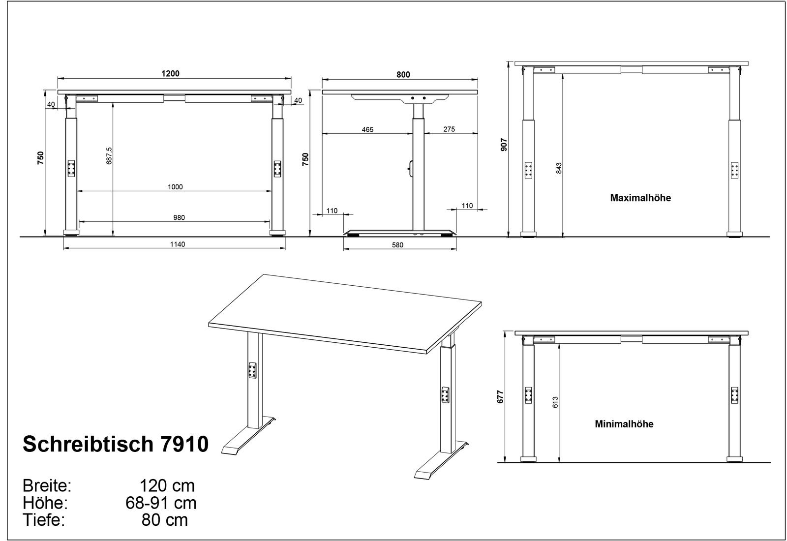 Höhenverstellbarer Schreibtisch 7910, Breite 120 cm, Tiefe 80 cm, Höhe 68-91 cm, Seitenansicht und Frontansicht