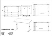 Höhenverstellbarer Schreibtisch 7910, Breite 120 cm, Tiefe 80 cm, Höhe 68-91 cm, Seitenansicht und Frontansicht