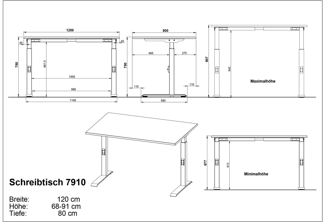 Höhenverstellbarer Schreibtisch 7910, Breite 120 cm, Tiefe 80 cm, Höhe 68-91 cm, Seitenansicht und Frontansicht