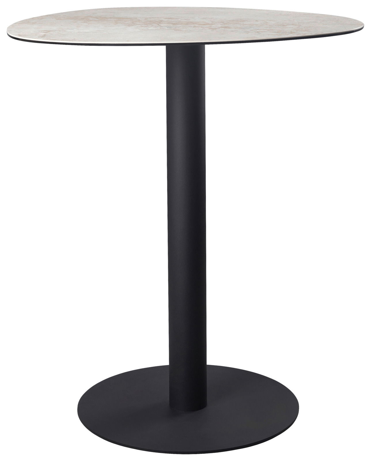 Moderner Bartisch mit runder, heller Tischplatte und schwarzem, schlankem Standfuß, seitliche Perspektive