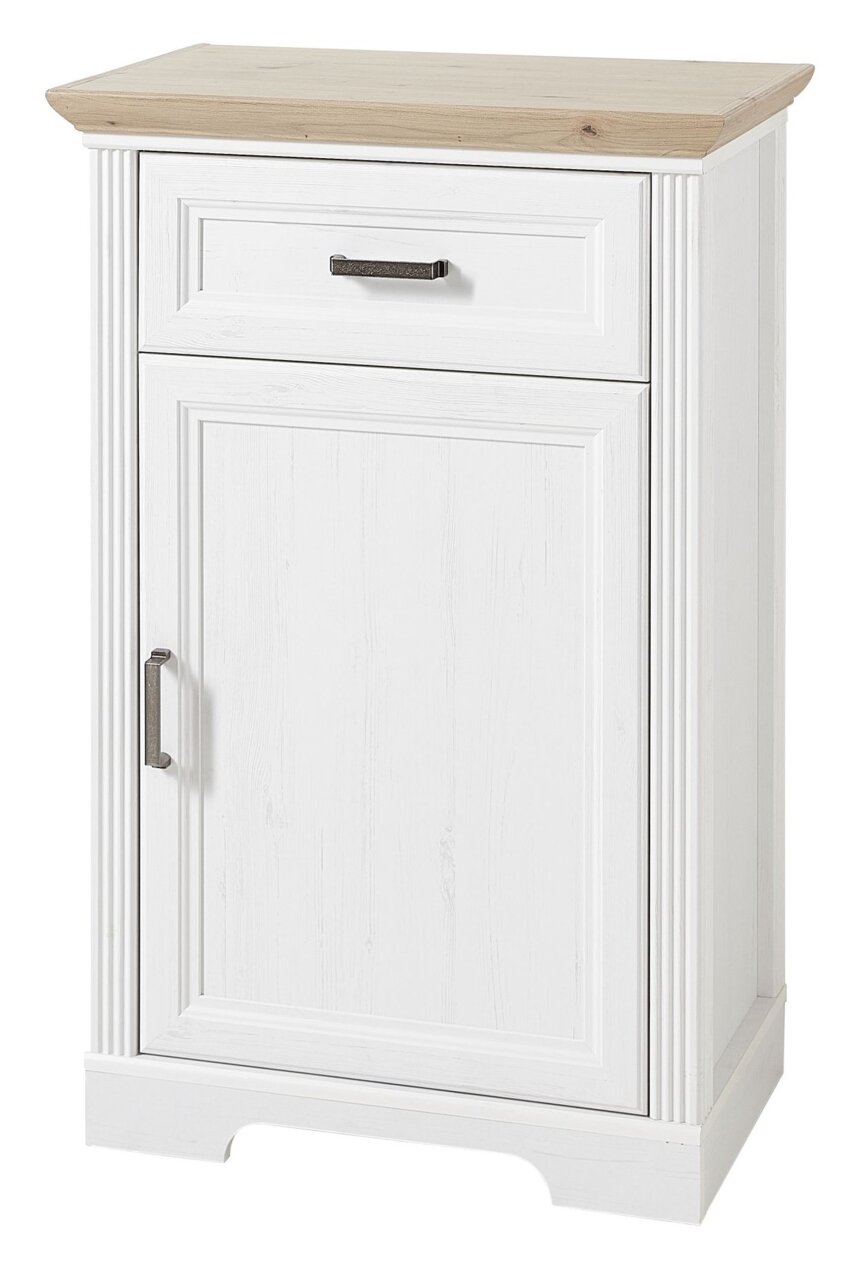 Schmaler Schuhschrank in Weiß mit Holzoberfläche, Frontalansicht