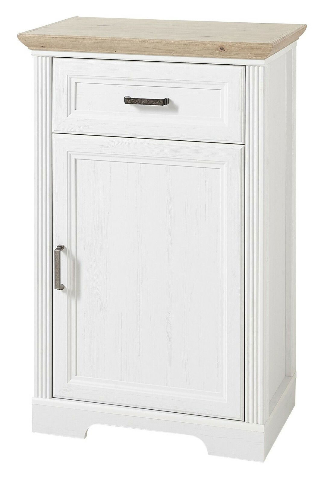 Schmaler Schuhschrank in Weiß mit Holzoberfläche, Frontalansicht