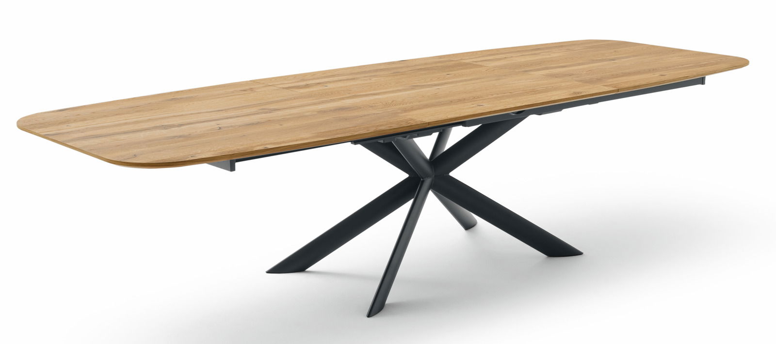 Moderner Esstisch mit Holzplatte und schwarzem Metallgestell, seitliche Perspektive