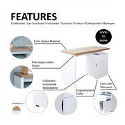 Moderner Schreibtisch mit extra dickem Material, edel abgerundeten Ecken und integriertem Stauraum, seitliche Perspektive.