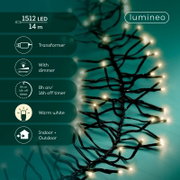 Bovenaanzicht van een Lumineo lichtsnoer van 14 meter met 151 warmwitte leds, dimmer, transformator en 8 uur aan/16 uur uit-timer, geschikt voor binnen en buiten.