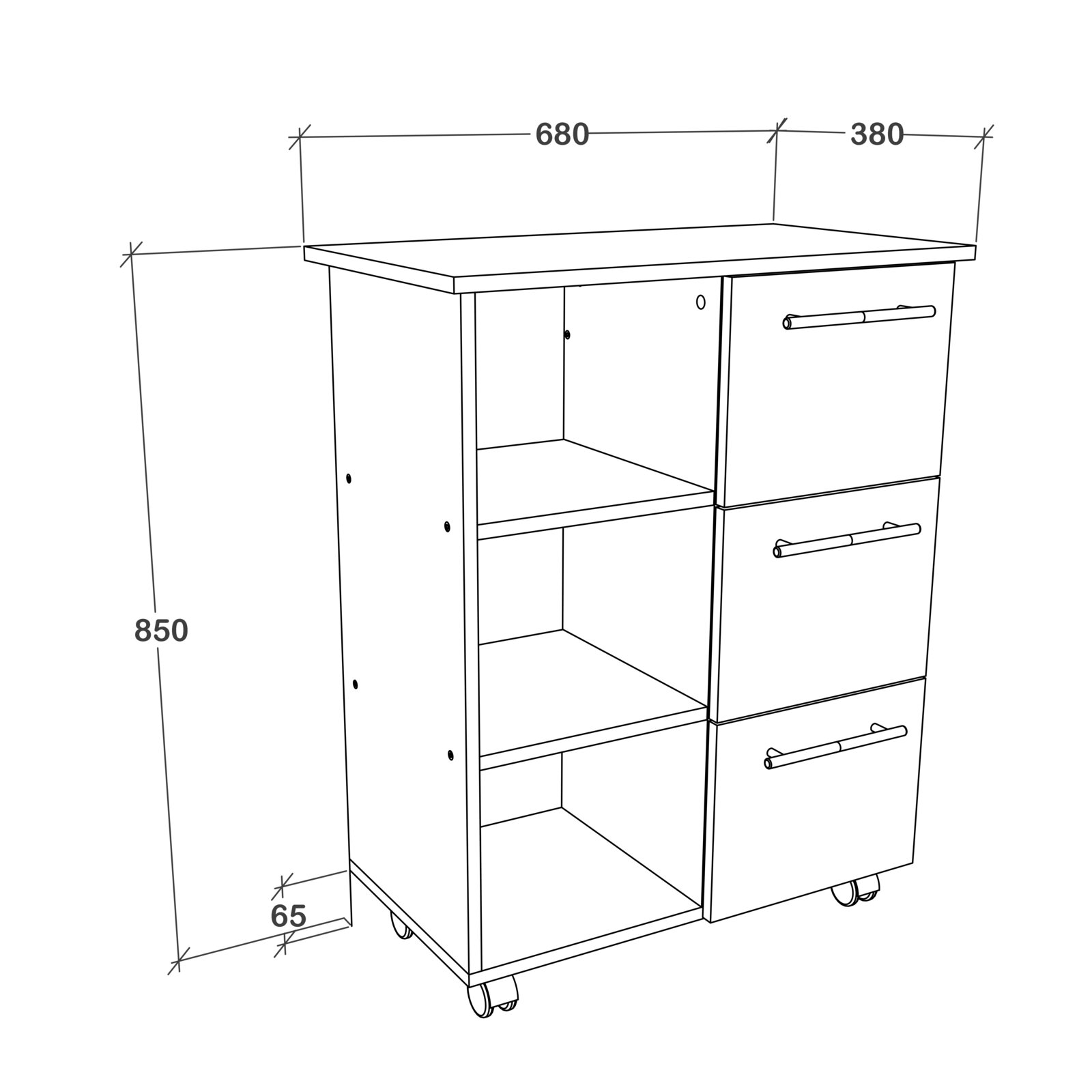 Technische Zeichnung eines rollbaren Unterschranks/Servierwagens mit drei Schubladen rechts und offenen Regalfächern links, Maße ca. 850 mm Höhe, 680/380 mm Breite und 65 mm Sockel, dargestellt in schräger Frontansicht von vorn rechts.