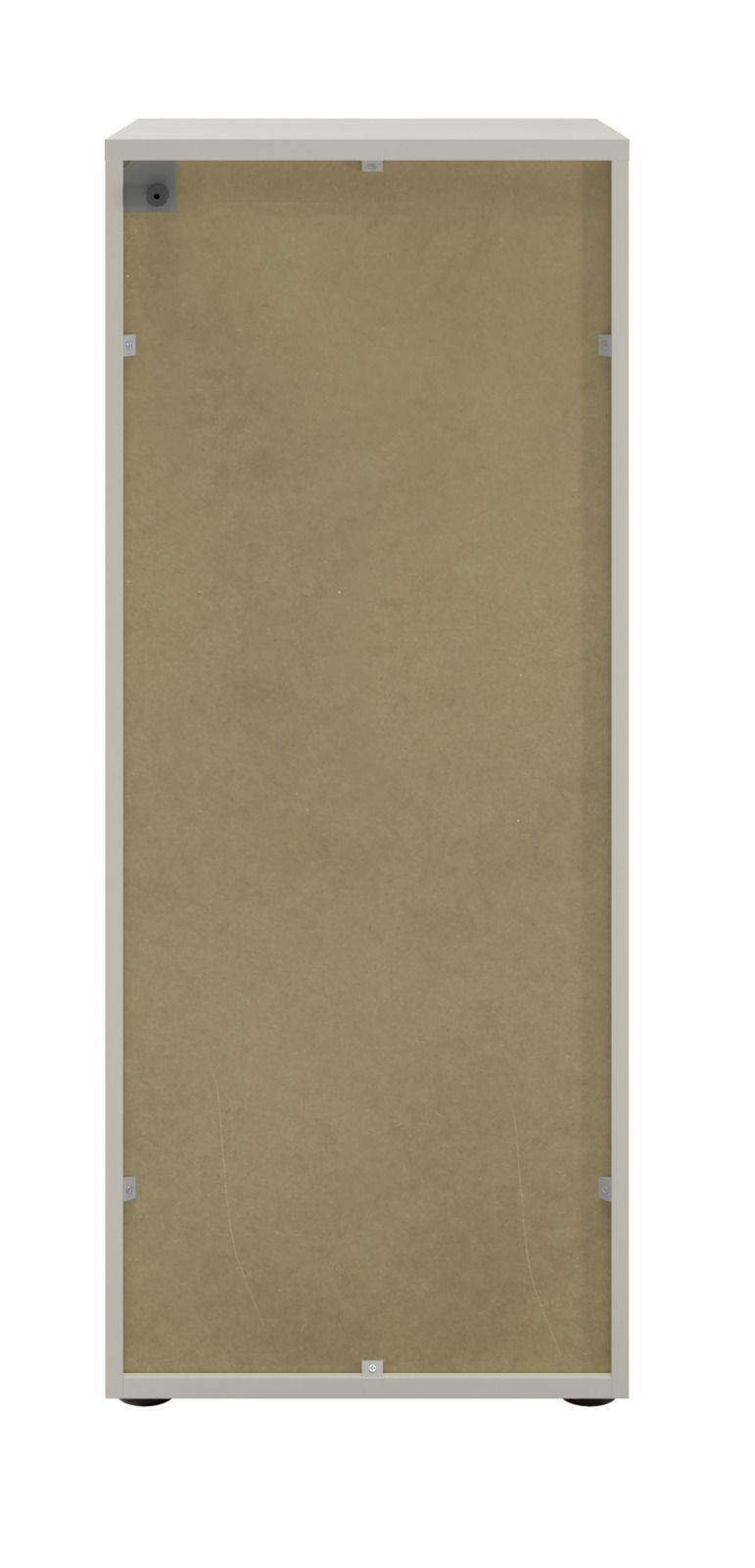 Rückansicht eines Aktenschranks mit Schloss links, beige Rückwand, grauer Rahmen