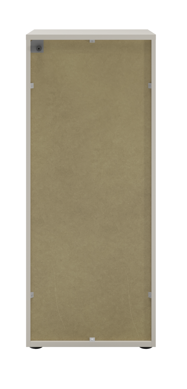 Rückansicht eines Aktenschranks mit Schloss links, beige Rückwand, grauer Rahmen
