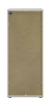 Rückansicht eines Aktenschranks mit Schloss links, beige Rückwand, grauer Rahmen