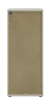 Rückansicht eines Aktenschranks mit Schloss links, beige Rückwand, grauer Rahmen