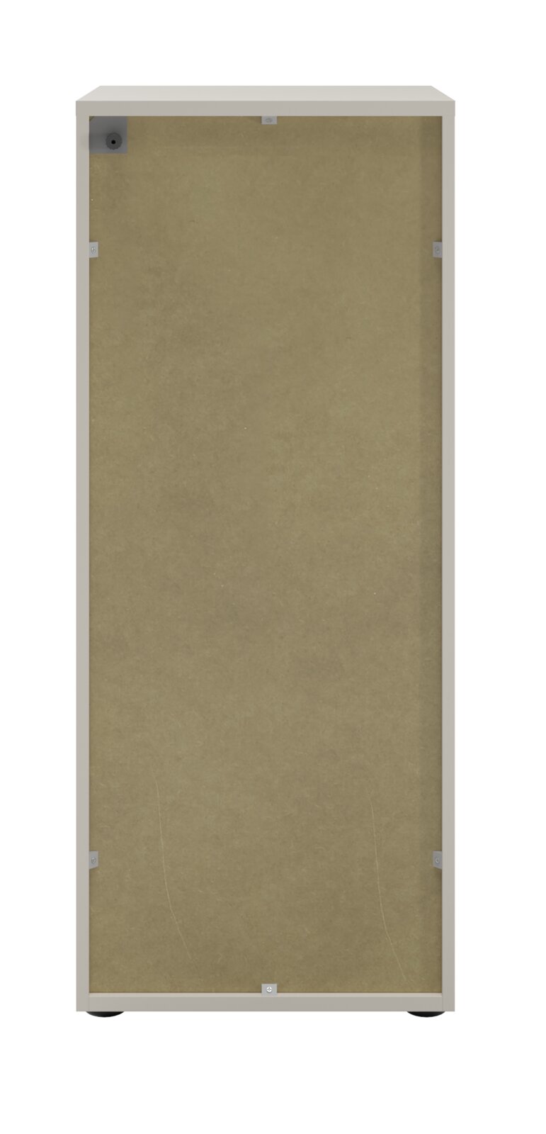 Rückansicht eines Aktenschranks mit Schloss links, beige Rückwand, grauer Rahmen