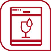 Symbol eines Glases mit einem Tropfen, das auf einem Bildschirm dargestellt ist, in roter Farbe. Frontalansicht.