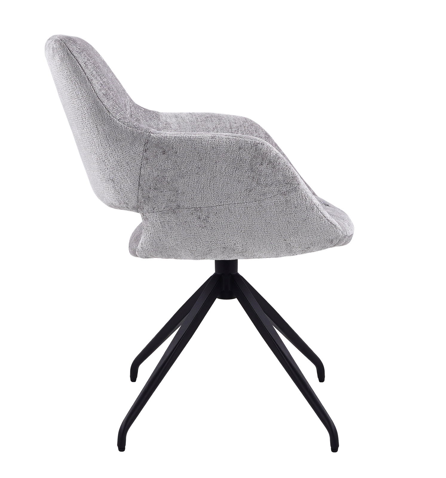 Grauer Armlehnstuhl mit schwarzem Metallgestell, Seitenansicht