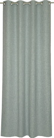 Grauer Ösenschal aus Stoff, frontal fotografiert, mit gleichmäßigen Falten und Metallösen an der Oberseite.