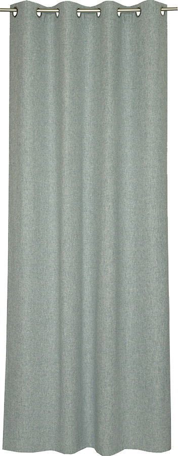 Grauer Ösenschal aus Stoff, frontal fotografiert, mit gleichmäßigen Falten und Metallösen an der Oberseite.