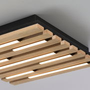 Moderne Deckenleuchte mit Holzlamellen und integrierter Beleuchtung, seitliche Perspektive