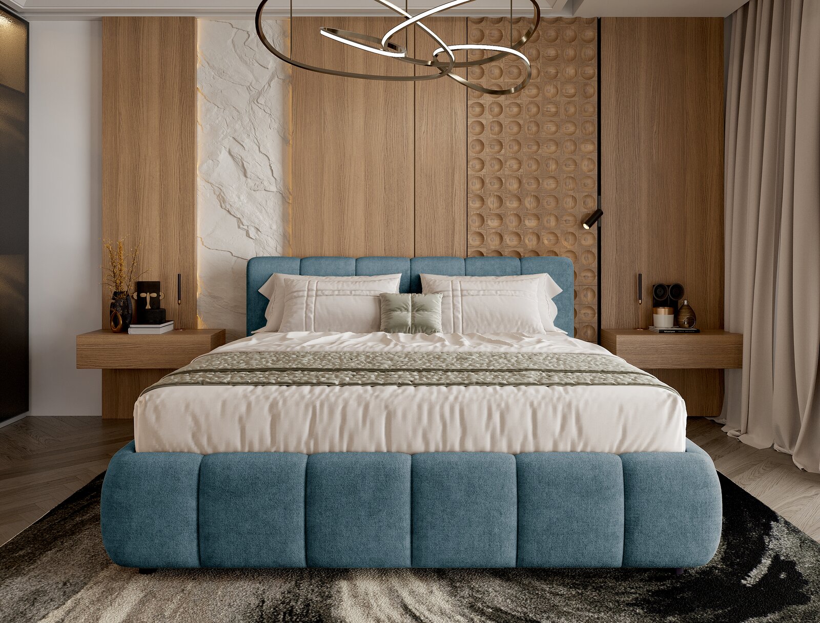 Frontale Ansicht eines modernen Polsterbettgestells in Blau mit eleganter Bettwäsche, flankiert von Nachttischen und stilvoller Wandverkleidung.