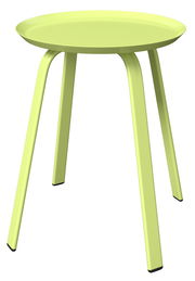 Moderner, hellgrüner Beistelltisch mit runder Tischplatte und vier schrägen Beinen, seitliche Perspektive