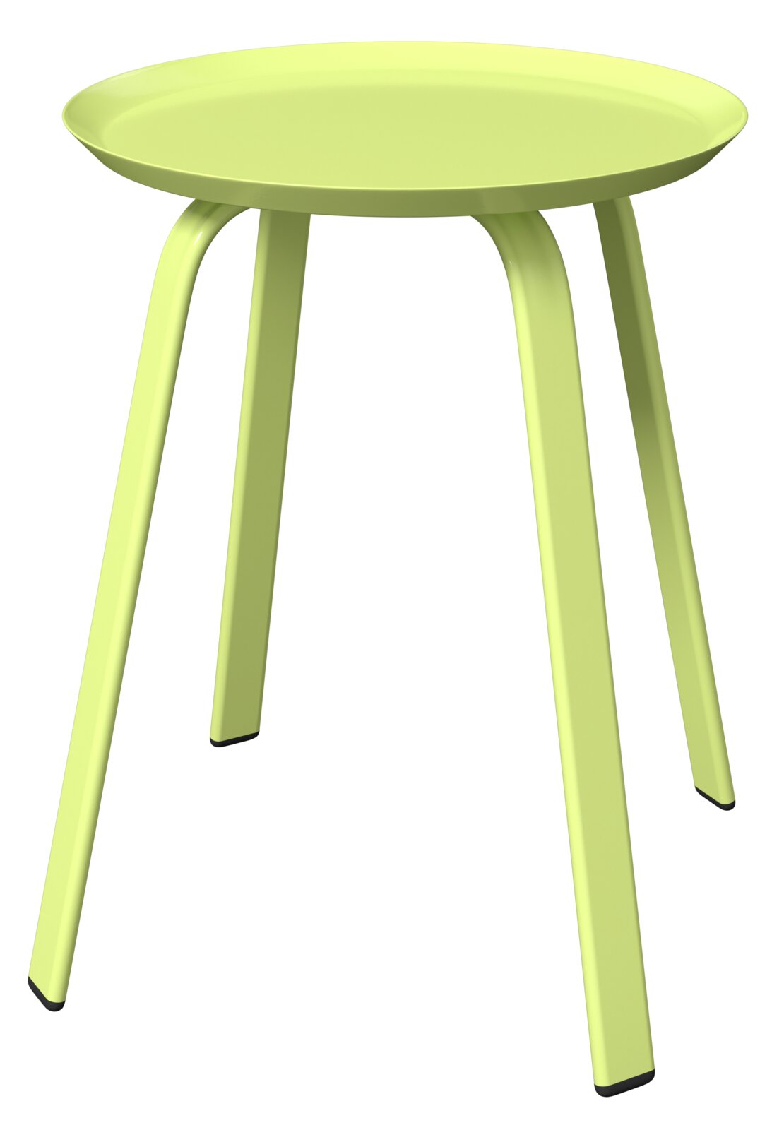 Moderner, hellgrüner Beistelltisch mit runder Tischplatte und vier schrägen Beinen, seitliche Perspektive