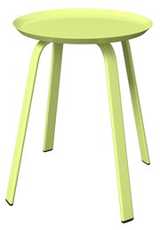 Moderner, hellgrüner Beistelltisch mit runder Tischplatte und vier schrägen Beinen, seitliche Perspektive