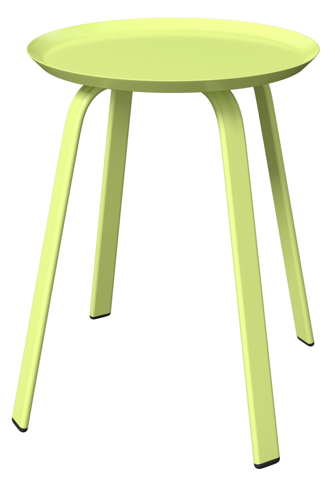 Moderner, hellgrüner Beistelltisch mit runder Tischplatte und vier schrägen Beinen, seitliche Perspektive