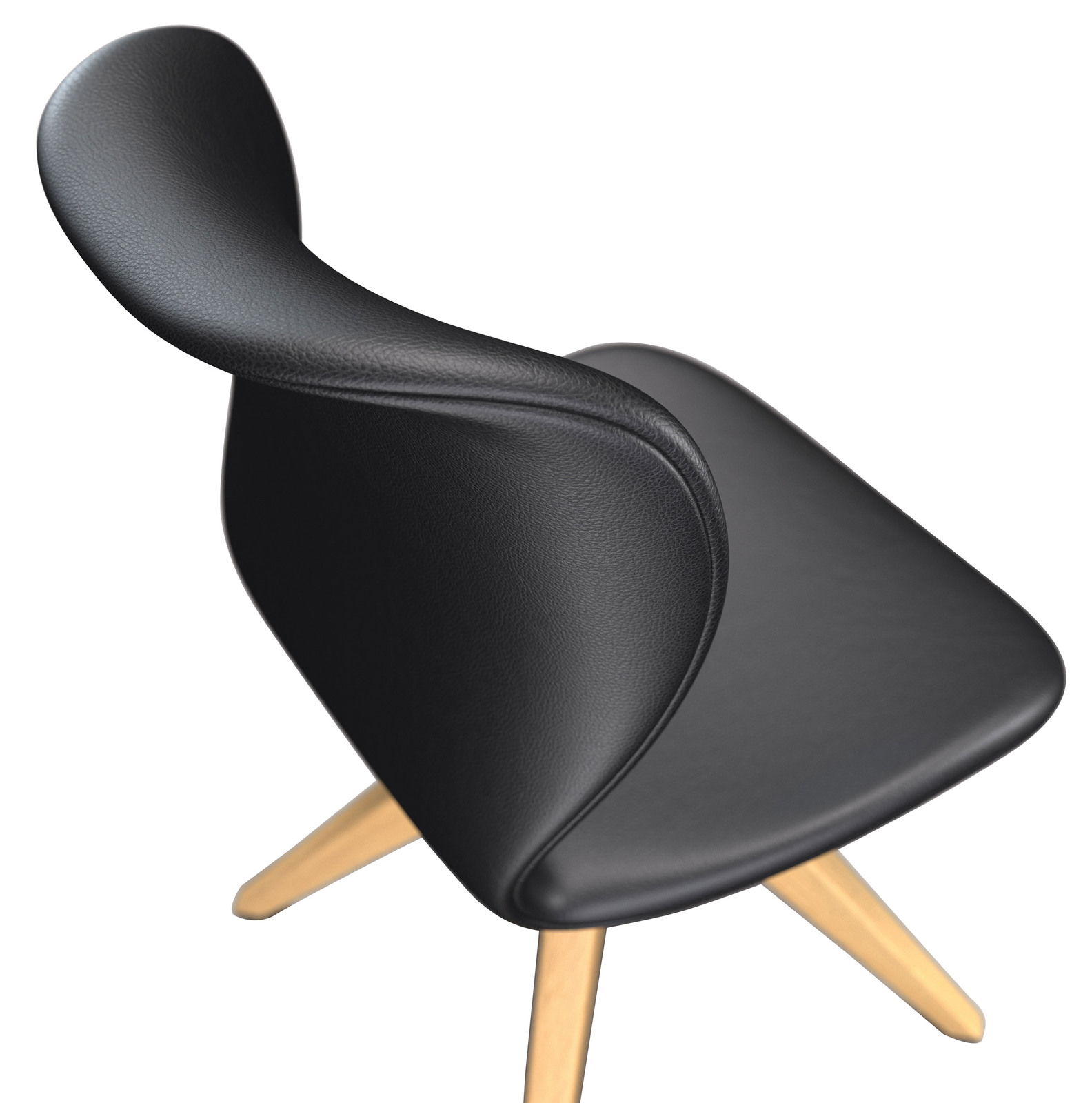 Moderner schwarzer Stuhl mit geschwungener Rückenlehne und Holzbeinen, Ansicht von schräg oben.