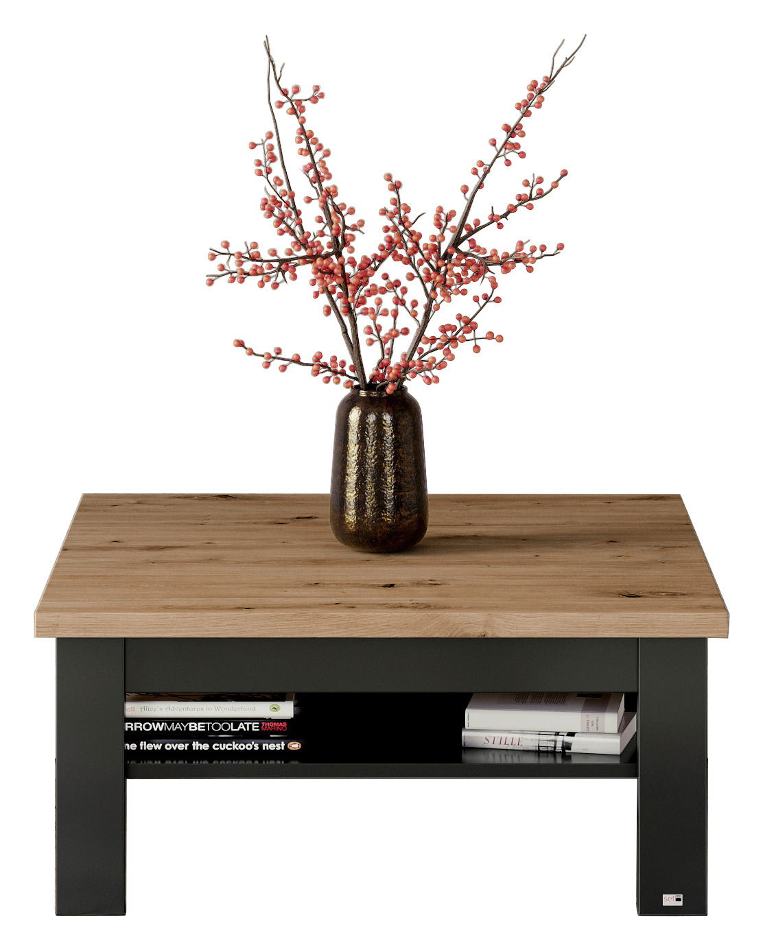 Moderner Couchtisch mit Holzplatte und schwarzem Gestell, dekoriert mit einer Vase mit roten Beerenzweigen, frontal betrachtet.