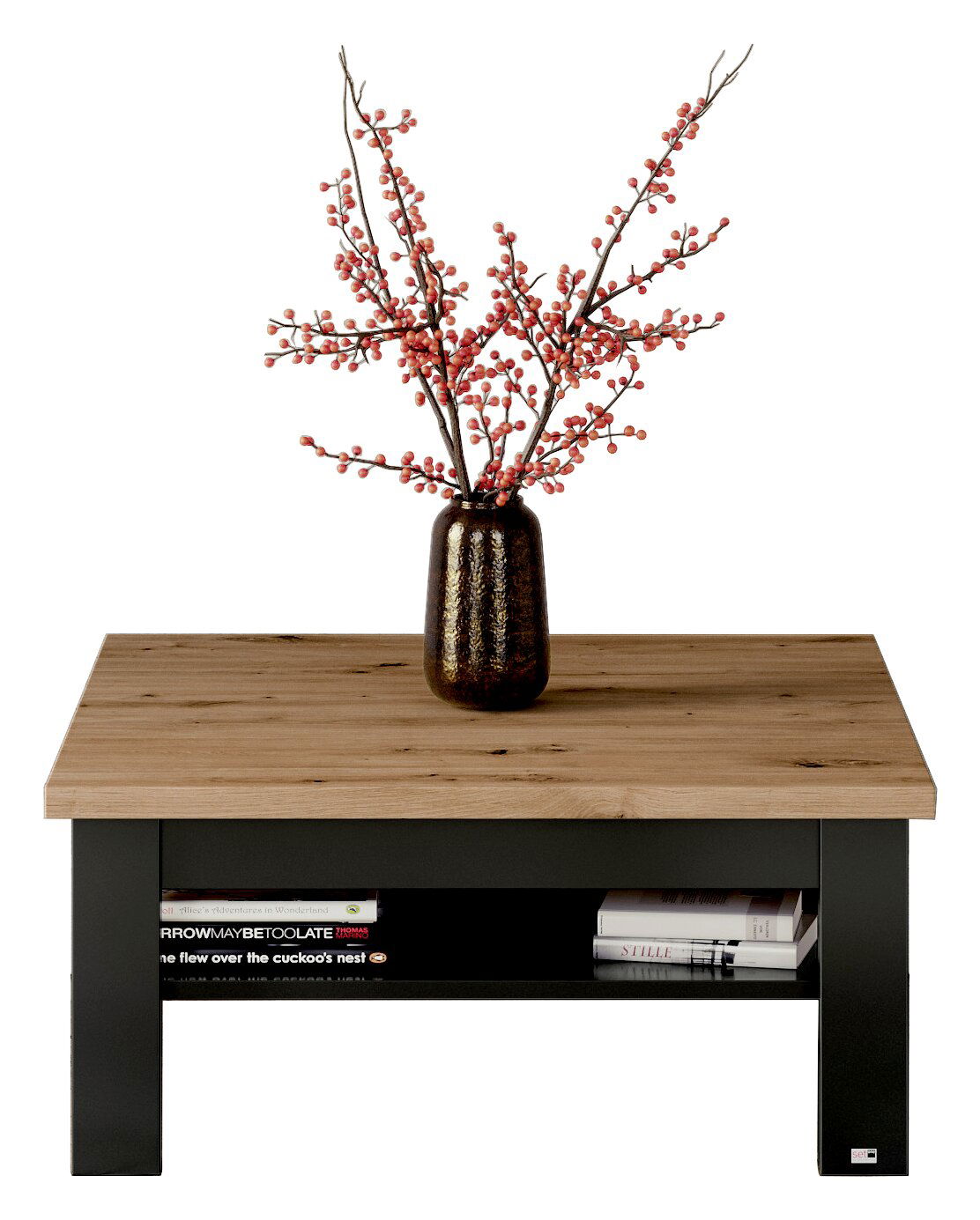 Moderner Couchtisch mit Holzplatte und schwarzem Gestell, dekoriert mit einer Vase mit roten Beerenzweigen, frontal betrachtet.