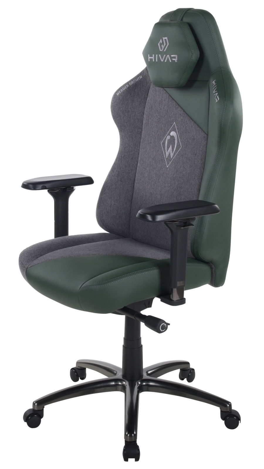 Gaming Stuhl in seitlicher Perspektive mit grün-grauer Polsterung und verstellbaren Armlehnen.